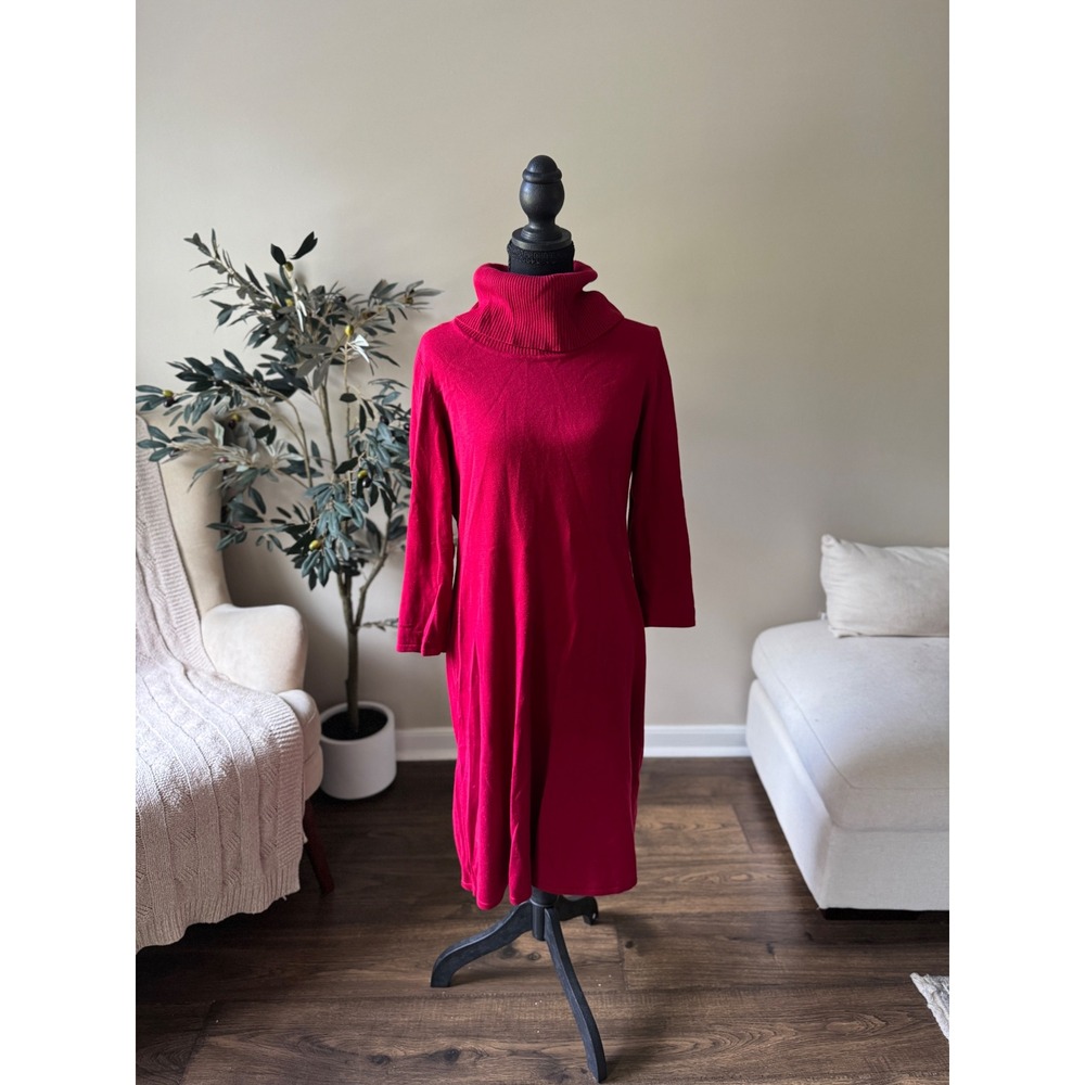 Nine West Womens Red Turtleneck Sweater Dress 3/4 Sleeve Knit Midi Size M